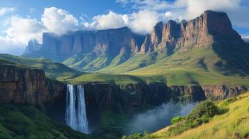 Mountain landscape with green hills. Waterfall flows from the cliff. Rocks and peaks reach sky with some clouds. Nature scenic. photo