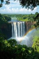 Waterfall plunges down with rainbow colors. Green trees and plants. Landscape of nature and water. Dramatic scene with river. Scenery with rock cliffs. photo