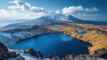 Mountain peak view. Snow covers mountain summit. Blue lake fills crater. Water pools sit near rocks. Sky has clouds. photo