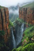 Waterfall tumbles down canyon walls. High cliffs surround green valley. Mist hangs over rocks. Water flows into deep ravine. Beautiful scenery with nature. photo