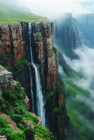 Waterfall falling from high rock cliff. Water streams down into valley. Green grass covers the land. Mist is among cliffs and the valley. photo