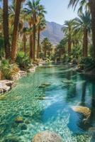 Palm Trees stand at edge of clear blue river. Sunlight glistens on the water and rocks. Mountain is in the background. photo