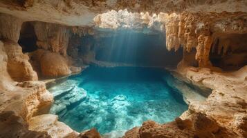 Cave scene. Underground water pool. Light rays shine. Natural rock formations surround the water. A serene place. Calm blue waters reflecting. Peaceful grotto. photo