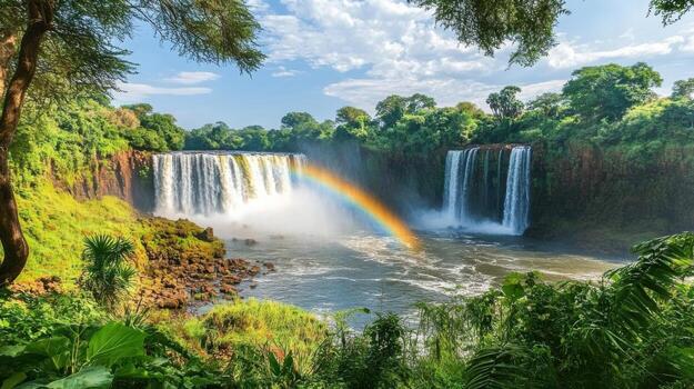 Waterfall flowing with rainbow. Water stream goes down to the lake. Green plants and trees are all around the fall. Scenery in nature. photo