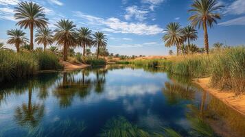 Desert oasis. Palm trees surround water. Clear blue sky is visible. Reflections on the calm surface. Reeds grow near sand. photo