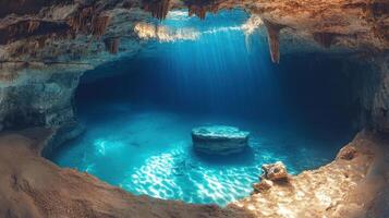 Cave with clear water. Sun light streams into ocean cave. Underwater view of rock formation in water. Scenery of marine grotto under sea. photo