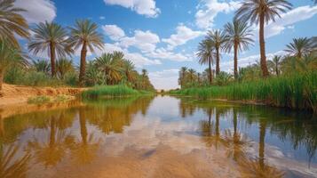 Desert Oasis View. Water Reflects Palm Trees. Blue Sky with Clouds. Tranquil Scene. Arid Landscape. River flowing. Palms in the Middle East. photo