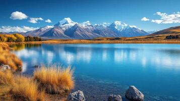 Mountain lake view. Snow capped peaks reflecting in calm water. Clear blue sky with few clouds. Nature landscape background. photo