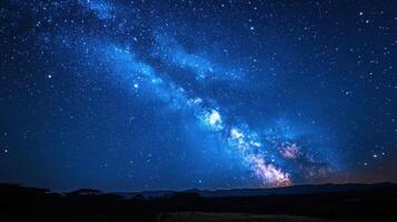 Dark night sky full of stars. Blue space galaxy over land. Milky way shines above nature horizon. Universe view on a starry night. photo