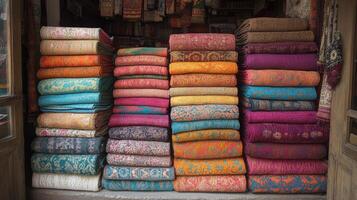 Folded Fabric Stacks. Colorful Cloth Display. Textile Shop. Various Patterns. Vibrant Colors. Stacks of Textiles. Detailed Patterns. Large Piles. Blanket and Linen photo