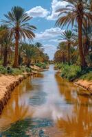 Palm trees line the water stream. Blue sky and clouds above. Exotic nature scene. Reflection of palms in water. Desert landscape. photo
