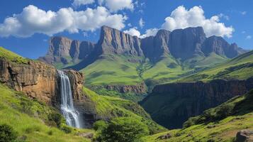 Mountain range landscape. Waterfall rushes down. Blue sky with clouds. Green grass covers the valley. Scenic nature views. Tranquil scene. Clear water flows. photo
