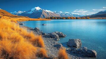 Mountain lake landscape. Beautiful blue water with rocks on the shore and yellow grass. Snowy mountains in the distance under a clear blue sky. photo