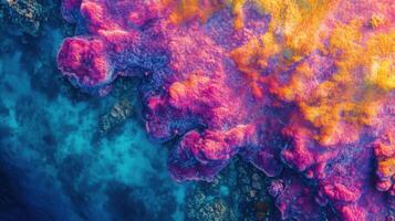 Ocean reef aerial view. Colorful coral texture. Bright abstract marine life. Blue water background. Summer sea from above. photo