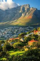 Mountain over homes. Green trees and bright sunlight. City buildings below the large rock formation. Beautiful sky with some clouds above. photo