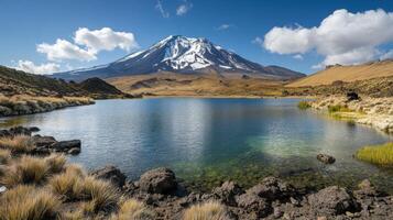 Mountain snow peak lake landscape. Cold water reflects sky. Sunny day light shows nature beauty. Rocks and grass at shore. Calm view. photo
