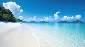 Tropical beach scene. Clear ocean water. White sand shore. Sunny day. Green trees line the coast. Distant islands visible. Peaceful and bright. photo