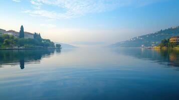 Water view with hills and blue sky. Calm lake surface reflects trees and buildings in morning light. Peaceful nature scene with quiet mood. photo
