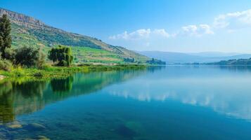 Lake view. Water reflects sky. Green hills rise. Trees grow beside the lake. Rocks are clear underwater. A scenic and quiet day. photo
