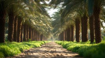 Palm trees line a path. Sunlight filters through branches. Green grass grows below. Nature scene. Rows of palms. Peaceful outdoor image. Landscape photography. Summer day. photo