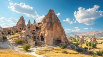 Strange rocks landscape. Stone mountains with openings under blue sky. Dry grass field and rock formations on a sunny day. photo