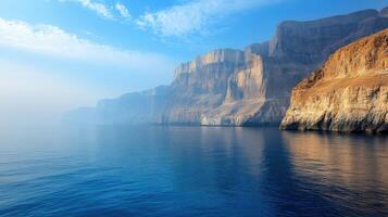 Ocean scene with cliffs. Calm water on rocks. Peaceful seascape at daytime. Blue sky above the landscape. Morning light on the mountain. photo