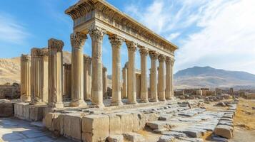 Ancient stone ruins stand in open field. Beautiful weathered columns show damage of time under a clear sky. Mountain background behind old structure. photo