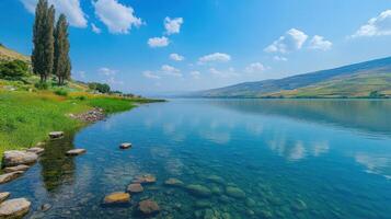 Lake water view under blue sky. Green grass on shoreline. Rocks in shallow water. Reflections of clouds. Poplar trees near shore. photo