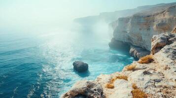 Ocean view from rocky cliff. Bright light over blue sea water. Stone formation and sunny landscape with turquoise color. photo