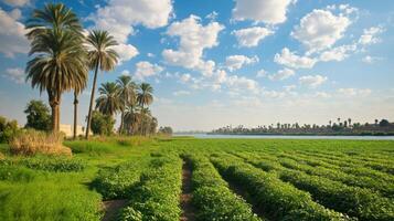 Green Field near River. Palm Trees stand. Beautiful sky. Farm land extends. Rural landscape. photo