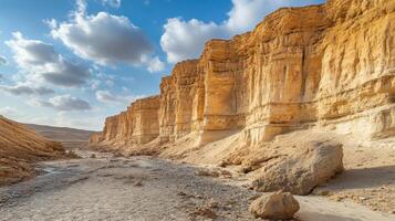 Desert canyon view. Sandstone cliffs under sky. Dry river bed landscape. Stone valley with rocks and sediment. Natural arid environment background. photo