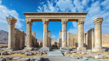 Stone Ruins under Blue Sky. Ancient Temple Columns stand tall. Carved stone with details. Historical landmark in a desert region. Old architecture remains present. photo