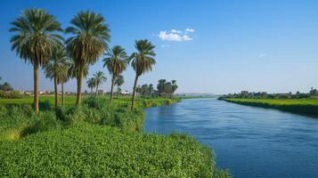 River view. Palm trees grow next to river bank. Clear blue sky above green fields. Water flows slowly during sunny day. photo