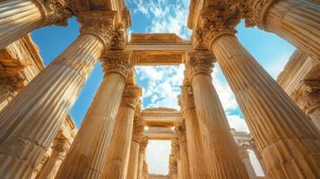 Stone Pillars Stand Under Bright Blue Sky. Ancient architecture. Beautiful stone monument. Columns support old architecture. Historical structure with many columns. photo