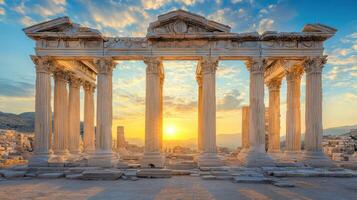 Ancient ruins stand tall. Stone columns rise against the sunset. Clear sky and mountain backdrop. Lost architecture in the open. Peaceful place and weathered monument. photo