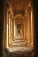 Stone columns corridor perspective. Sunlight illuminating the ancient architecture. Light and shadow play on the textured stone floor. Arches leading to a dark opening. photo