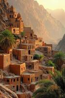 Old desert town on hill. Stone buildings with small windows. Palm trees grow among houses. Tall mountains in distance. Golden light shines on scene. photo