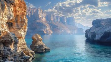 Ocean view rocks. Blue water, sky with clouds. Calm ocean landscape. Rocky shore and beautiful cliff. Summer day. photo