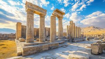 Stone ruins stand tall. Old columns rise into the blue sky. Grass and mountains lie behind. Remains of ancient architecture. Historic place stands in sun. photo