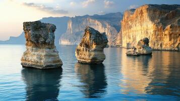 Rocks in ocean water. Tall cliffs behind. Serene landscape scene. Calm water reflects rocks and sky. Scenic ocean view. Peaceful nature background. photo
