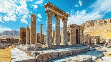Stone Columns Stand at Ancient Ruins. Old Structure with Sky. Heritage Site with Stone Floor. Historical Place Landscape with Clouds. photo