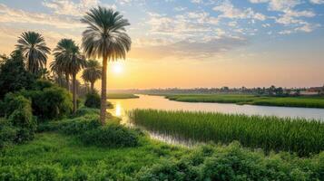River with green plants and palm trees in a sunset view. Peaceful landscape of water and trees reflecting light. Summer scene with bright sky. photo