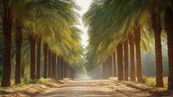 Palm trees line dirt road. Tropical plantation with tall trees. Sunlight filters through leaves. Peaceful landscape view. Warm light filters to ground. photo