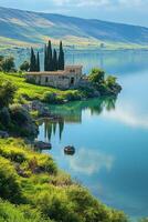 Lake view with stone house and trees. Water reflects sky. Green grass surrounds building. Mountain background in daylight. photo