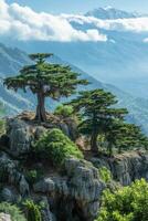 Trees grow on rocky cliff. Green plants in natural place. Mountain landscape is on background. Nature view in summer day. photo