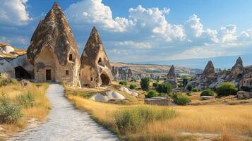Stone Houses in Field, Cappadocia. Ancient rock houses rise from golden grasses under a sunny blue sky, pathway leading to the unique formations. photo