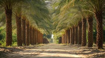 Palm trees line a dirt road. Green fronds extend over the path. Long row of trees on a warm sunny day. Natural scene. photo
