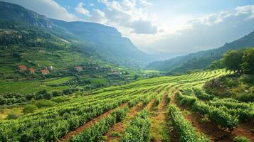 Vineyard rows grow on hillside. Green plants on farm. Mountain view with cloudy sky. Valley scenery with sunshine. Peaceful landscape. photo