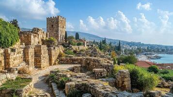 Old stone ruins under sunny sky. Ancient architecture with a tower overlooks harbor. Green plants growing on the crumbling walls. Travel scenery of building remains. photo