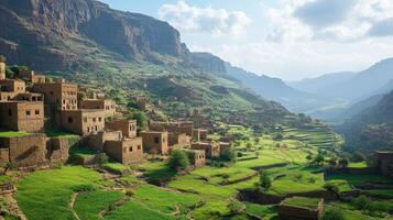 Mountain Village Scenery. Stone Houses and Green Fields. Valley View. Peaceful Scene. Rural Settlement. Hillside Location. photo